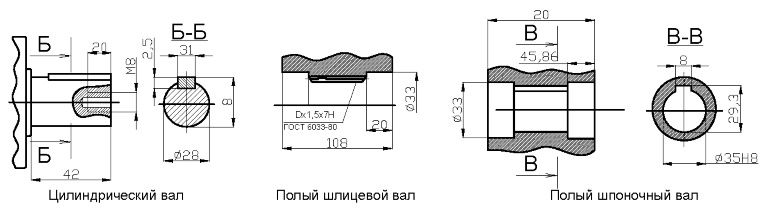 Варианты исполнения выходного вала мотор-редуктора 2МЧ-63 (МРЧ-63)