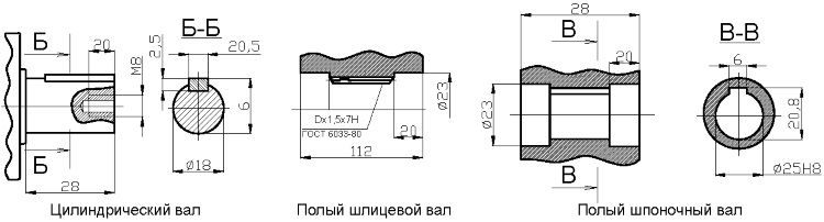 Варианты исполнения выходного вала мотор-редуктора 2МЧ-40 (МРЧ-40)