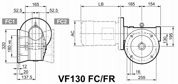 Чертеж мотор-редуктора VF130 FC/FR - с укороченным фланцем/с укороченным фланцем и усиленными подшипниками