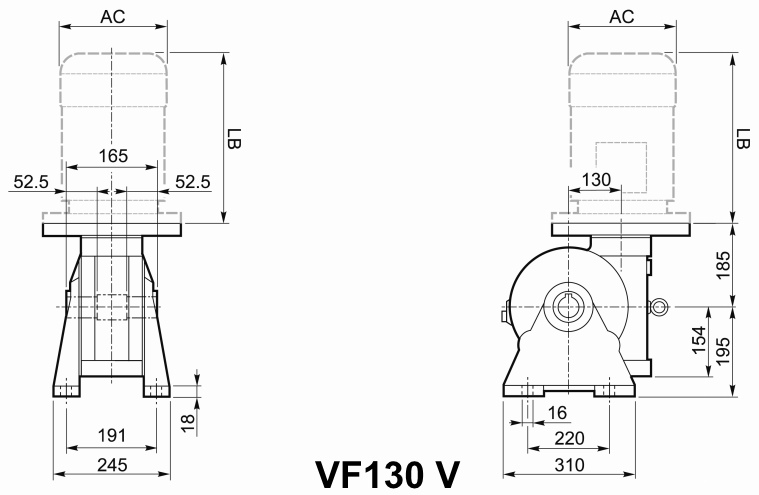 Чертеж мотор-редуктора VF130 V - на лапах, с вертикальным валом