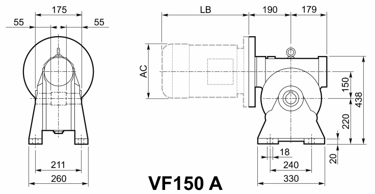 Чертеж мотор-редуктора VF150 A - на лапах, входной вал сверху