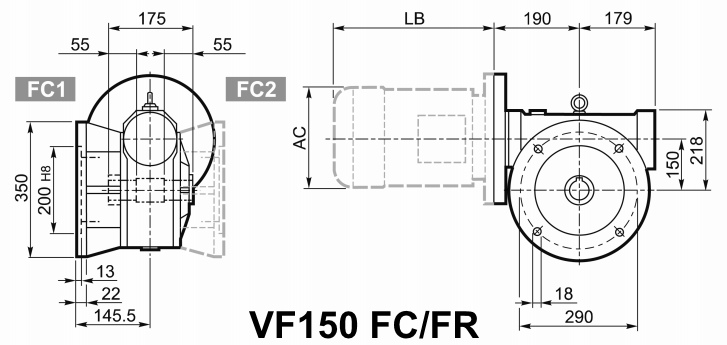 Чертеж мотор-редуктора VF150 FC/FR - с укороченным фланцем/с укороченным фланцем и усиленными подшипниками
