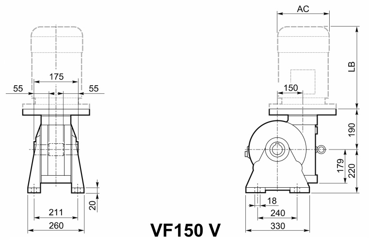 Чертеж мотор-редуктора VF150 V - на лапах, с вертикальным валом