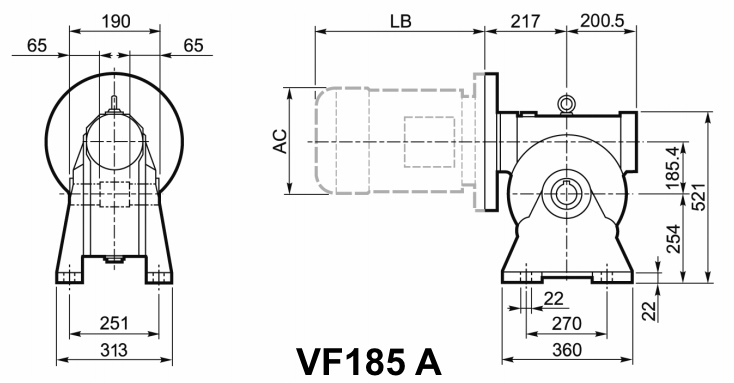 Чертеж мотор-редуктора VF185 A - на лапах, входной вал сверху