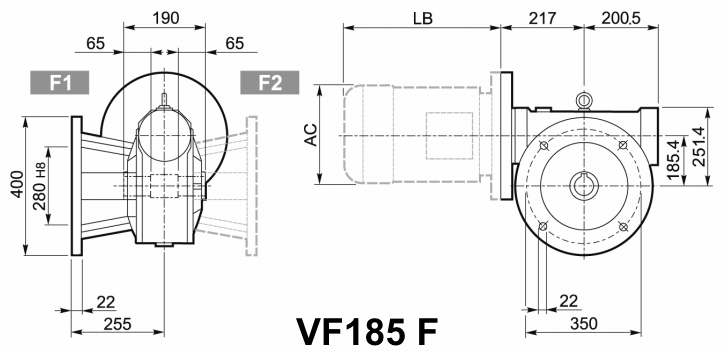 Чертеж мотор-редуктора VF185 F - со стандартным фланцем
