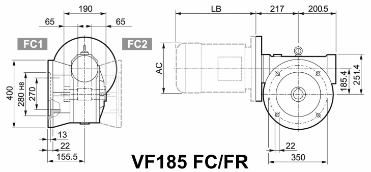 Чертеж мотор-редуктора VF185 FC/FR - с укороченным фланцем/с укороченным фланцем и усиленными подшипниками
