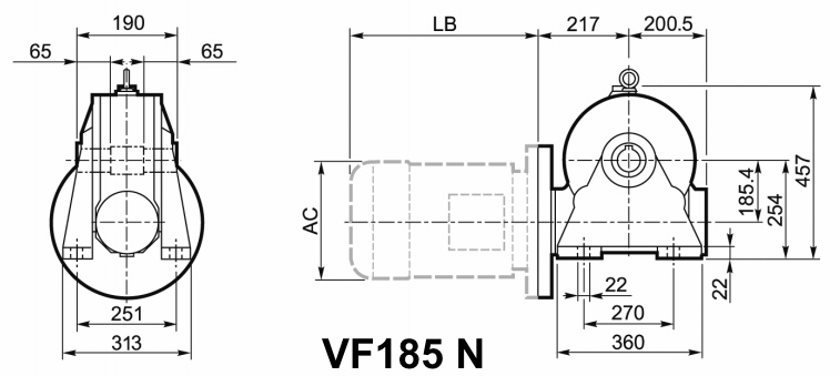 Чертеж мотор-редуктора VF185 N - на лапах, входной вал снизу