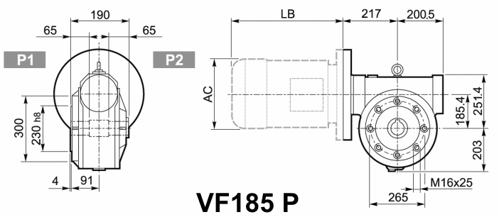 Чертеж мотор-редуктора VF185 P — с боковой крышкой для монтажа на вал
