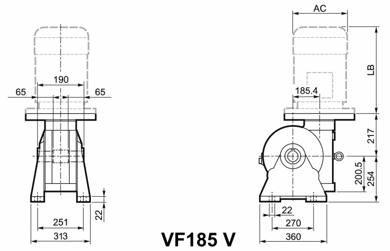 Чертеж мотор-редуктора VF185 V - на лапах, с вертикальным валом