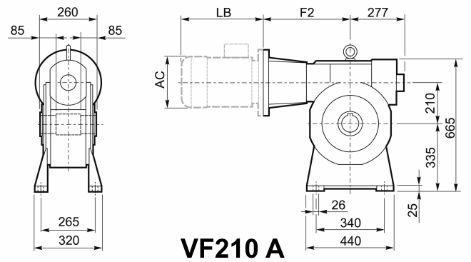 Чертеж мотор-редуктора VF210 A - на лапах, входной вал сверху