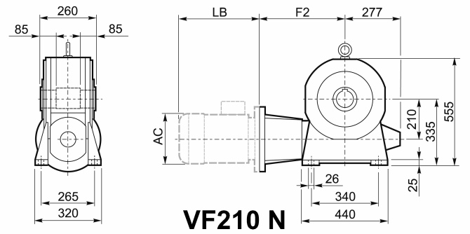 Чертеж мотор-редуктора VF210 N - на лапах, входной вал снизу