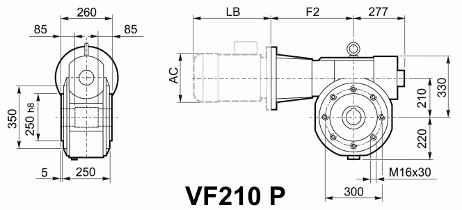 Чертеж мотор-редуктора VF210 P - с боковой крышкой для монтажа на вал