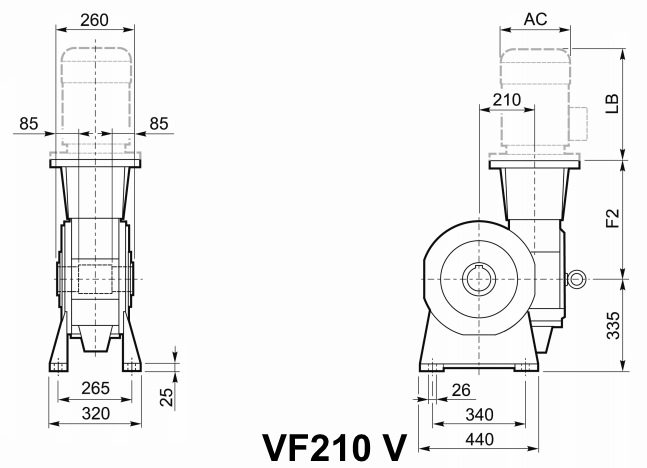 Чертеж мотор-редуктора VF210 V - на лапах, с вертикальным валом