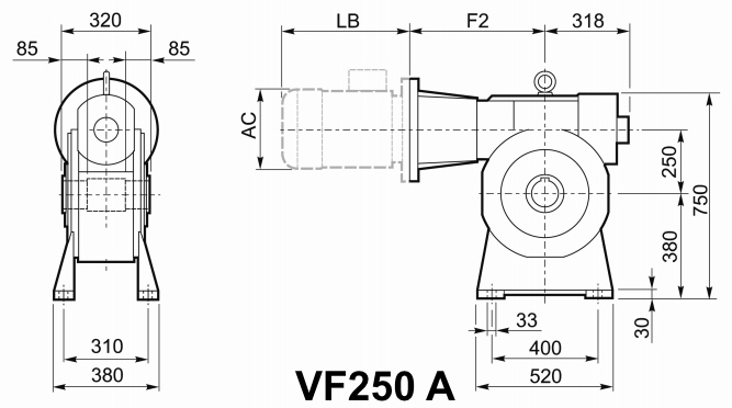 Чертеж мотор-редуктора VF250 A - на лапах, входной вал сверху