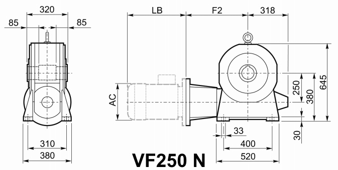 Чертеж мотор-редуктора VF250 N - на лапах, входной вал снизу