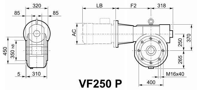 Чертеж мотор-редуктора VF250 P - с боковой крышкой для монтажа на вал