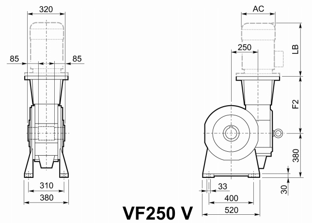 Чертеж мотор-редуктора VF250 V - на лапах, с вертикальным валом