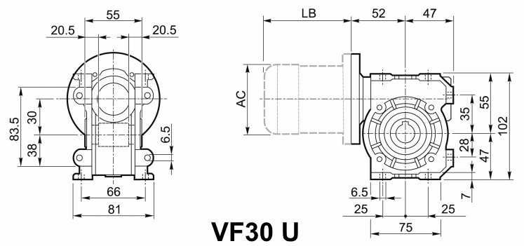 Чертеж мотор-редуктора VF30 U - с универсальными лапами