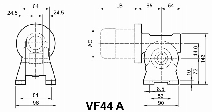 Чертеж мотор-редуктора VF44 A - на лапах, входной вал сверху