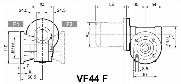 Чертеж мотор-редуктора VF44 F - со стандартным фланцем