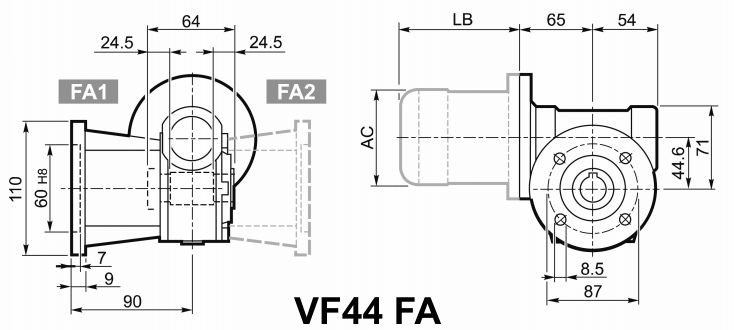 Чертеж мотор-редуктора VF44 FA - с удлиненным выходным фланцем