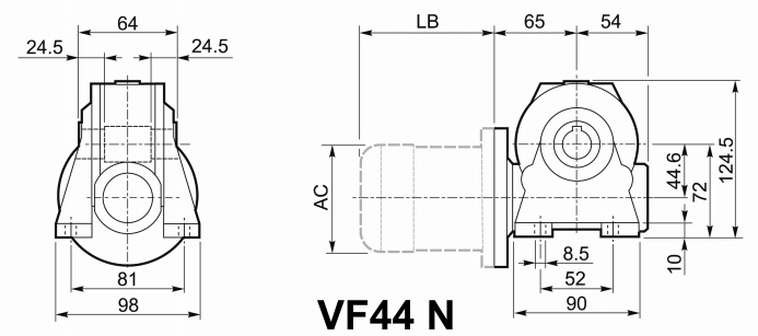 Чертеж мотор-редуктора VF44 N - на лапах, входной вал снизу