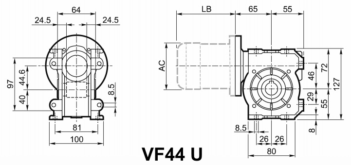 Чертеж мотор-редуктора VF44 U - с универсальными лапами