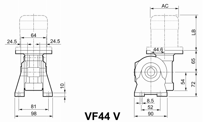 Чертеж мотор-редуктора VF44 V - на лапах, с вертикальным валом