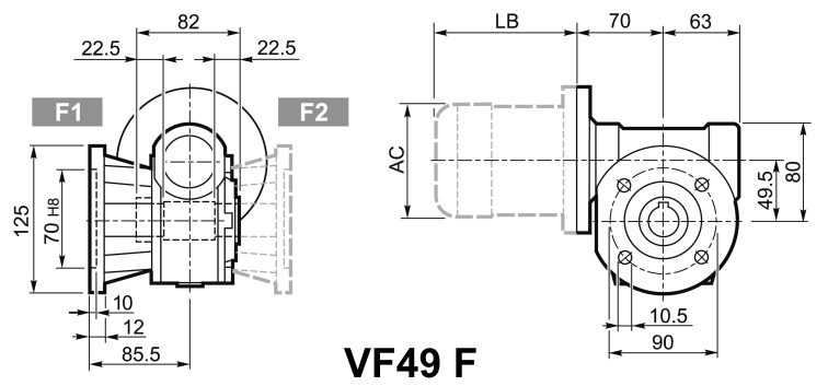 Чертеж мотор-редуктора VF49 F - со стандартным фланцем