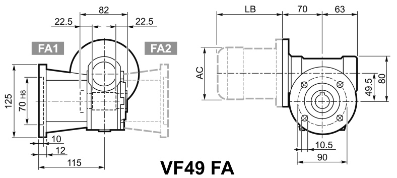 Чертеж мотор-редуктора VF49 FA - с удлиненным выходным фланцем