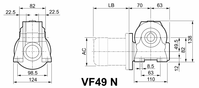 Чертеж мотор-редуктора VF49 N - на лапах, входной вал снизу