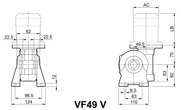 Чертеж мотор-редуктора VF49 V - на лапах, с вертикальным валом