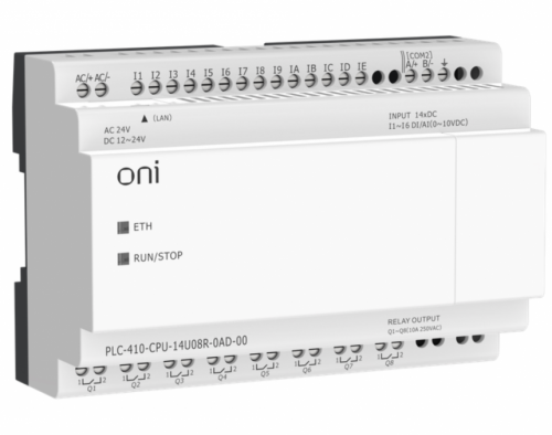 ПЛК 410 Модуль ЦПУ 8 DI 6 UI (0-10 В/DI) 8 RO 12В-24В DC или 24В AC с Ethernet портом без экрана ONI Промышленное оборудование от производителя с доставкой по России